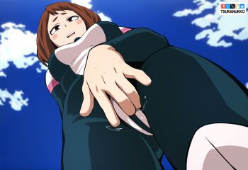 1girl artist_name blue_bodysuit blue_sky bluesky_logo bodysuit boku_no_hero_academia breasts brown_eyes brown_hair day fanbox_logo female_masturbation from_below gluteal_fold masturbation masturbation_through_clothes medium_breasts medium_hair multicolored_bodysuit open_mouth outdoors patreon_logo pixiv_logo sky solo superhero_costume tsuranukko twitter_x_logo uraraka_ochako uraraka_ochako_(hero_outfit) white_bodysuit