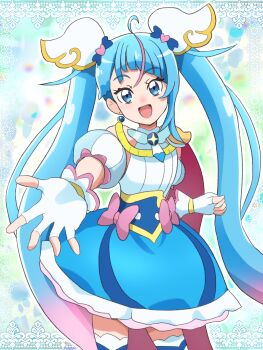 1girl :d ahoge asymmetrical_bangs blue_dress blue_eyes blue_hair bow brooch cape colored_petticoat colorful_background commentary cowboy_shot cure_sky curled_fingers cut_bangs detached_sleeves diagonal_bangs dress dress_bow earrings fingerless_gloves gloves gradient_hair hair_ornament highres hirogaru_sky!_precure jewelry kei_yunokawa lace_background long_hair looking_at_viewer magical_girl medium_dress multicolored_hair open_hand open_mouth outstretched_arm outstretched_hand petticoat pink_bow pink_hair precure puffy_detached_sleeves puffy_sleeves reaching reaching_towards_viewer red_cape single_bare_shoulder single_earring single_hair_streak single_sidelock sleeveless sleeveless_dress smile solo sora_harewataru spread_fingers standing streaked_hair thighhighs twintails two-tone_dress two-tone_hair very_long_hair white_dress white_gloves white_thighhighs wing_brooch wing_hair_ornament zettai_ryouiki