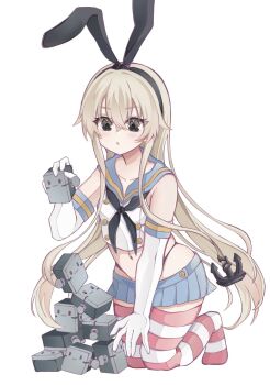 1girl anchor_hair_ornament black_hairband black_neckerchief black_panties blonde_hair blue_sailor_collar blue_skirt commentary_request crop_top elbow_gloves gloves grey_eyes hair_ornament hairband highleg highleg_panties highres kantai_collection kneeling long_hair microskirt miniskirt neckerchief panties pleated_skirt sailor_collar shimakaze_(kancolle) shirt skirt sleeveless sleeveless_shirt solo striped_clothes striped_thighhighs thighhighs toy underwear white_gloves ya_(nekozame)