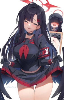 2girls armband ass black_choker black_hair black_headwear black_pantyhose black_skirt blue_archive blue_eyes blush breasts choker clothes_lift cowboy_shot hair_ornament hairclip halo highres holding holding_mirror ichika_(blue_archive) justice_task_force_member_(blue_archive) large_breasts long_hair long_sleeves looking_at_viewer mirror multiple_girls navel open_mouth pantyhose parted_lips pleated_skirt raijuu_(bakanara) red_halo revision school_uniform skirt skirt_lift smile thigh_gap thighs twitter_username white_background