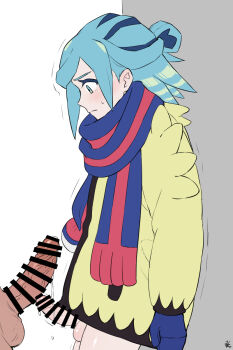 2boys bar_censor blue_mittens blue_scarf censored closed_mouth commentary_request from_side grusha_(pokemon) hair_bun highres jacket large_penis long_sleeves looking_at_penis looking_down male_focus min_(myna8247) mittens multiple_boys nintendo penis penis_size_difference penises_touching pokemon pokemon_sv precum scarf signature striped_clothes striped_scarf sweatdrop testicles trembling veins veiny_penis yaoi yellow_jacket