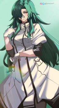 1girl absurdres black_pantyhose breasts chiyu_mahou_no_machigatta_tsukaikata cowboy_shot gloves green_background green_hair hair_over_one_eye highres instagram_logo jacket knowname long_hair medium_breasts one_eye_covered pantyhose rose_(chiyu_mahou) short_sleeves simple_background solo twitter_logo twitter_username white_gloves white_jacket yellow_eyes