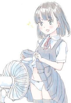 1girl black_hair blush bow bow_panties dress eighth_note highres loli musical_note navel neck_ribbon open_mouth original panties poranka_(porankaran) red_ribbon ribbon shirt skirt smile solo spoken_musical_note striped_clothes striped_panties underwear white_shirt