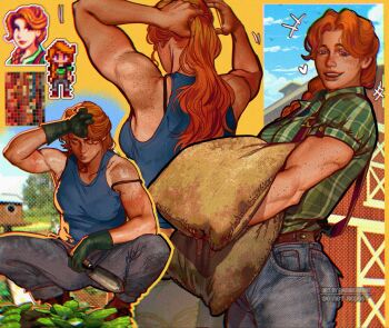 1girl artist_name barn belt birdhouse blue_sky blue_tank_top cabbage chibi closed_eyes cloud cloudy_sky commentary denim english_commentary farming flannel freckles gardening gloves green_gloves green_shirt heart highres holding holding_sack jeans leah_(stardew_valley) muscular muscular_female open_mouth orange_hair pants pixel_art ponytail portrait purple_eyes sack screentones shirt sky smile solo squatting stardew_valley suspenders sweat tank_top tying_hair umikochannart