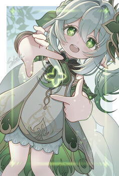 Rule 34 | 1girl, bloomers, blush, commentary request, cross-shaped pupils, dress, finger frame, genshin impact, gold trim, gradient hair, green eyes, green hair, hair between eyes, hair ornament, highres, leaf hair ornament, long hair, looking at viewer, multicolored hair, nahida (genshin impact), open mouth, partial commentary, pointy ears, saikido (hitaren), signature, sleeveless, sleeveless dress, solo, symbol-shaped pupils, teeth, underwear, upper teeth only, white bloomers, white dress, white hair