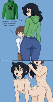 1boy 1girl age_difference ahegao artist_name ass bags_under_eyes black_hair breasts brown_eyes brown_hair brown_pants completely_nude creeper_hoodie denim english_text grabbing_another's_hair green_eyes green_hoodie hetero holding_another's_hair hoodie instant_loss jeans kuroki_tomoko nevtelen nipples nude onee-shota pants sex sex_from_behind shirt shota small_breasts sweat twitching watashi_ga_motenai_no_wa_dou_kangaetemo_omaera_ga_warui! white_shirt