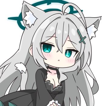 Rule 34 | 1girl, ahoge, animal ear fluff, animal ears, black choker, black dress, blue archive, blush, breasts, cat ears, cat girl, cat tail, choker, cleavage, collarbone, commentary request, cross hair ornament, double-parted bangs, dress, frilled sleeves, frills, green eyes, green halo, grey hair, hair between eyes, hair intakes, hair ornament, halo, kemonomimi mode, kotatsu-mazoku, long hair, long sleeves, looking at viewer, open mouth, shiroko terror (blue archive), simple background, solo, tail, upper body, white background, wide sleeves