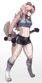 1girl absurdres animal_ears animal_feet animal_nose artist_name bare_shoulders black_shorts blue_eyes blue_shirt body_fur braid breasts brown_fur brown_hair claws closed_mouth collar commission crop_top dog_ears dog_girl dog_tail dolphin_shorts drawstring exercising female_focus full_body furry furry_female gradient_background happy highres kneehighs legs long_hair looking_at_viewer mature_female medium_breasts midriff navel original pawpads pgm300 profile second-party_source shirt short_shorts shorts side_slit sidelocks signature simple_background sleeveless sleeveless_shirt smile snout socks solo standing stomach sweat sweatband tail tail_raised thighs toeless_legwear toes twin_braids two-tone_fur weightlifting white_background white_fur white_socks white_trim