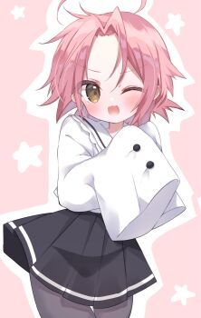 1girl :3 ahoge black_skirt blush buttons grey_pantyhose highres kogami_akira lucky_star nanakusa_miya one_eye_closed open_mouth pantyhose pink_background pink_hair pleated_skirt school_uniform serafuku shirt skirt star_(symbol) white_shirt yellow_eyes