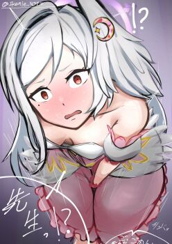 1girl bare_shoulders between_legs blue_archive blush breasts breasts_apart commentary_request crescent crescent_hair_ornament detached_sleeves dress embarrassed frilled_dress frills from_above hair_ornament halo hand_between_legs head_wings highres ikenie-san long_hair looking_at_viewer magical_girl mole mole_under_eye nervous_sweating official_alternate_costume oversized_clothes pink_dress purple_halo red_eyes single_hair_intake single_head_wing small_breasts solo suzumi_(blue_archive) suzumi_(magical)_(blue_archive) sweat translation_request very_long_hair white_hair wings