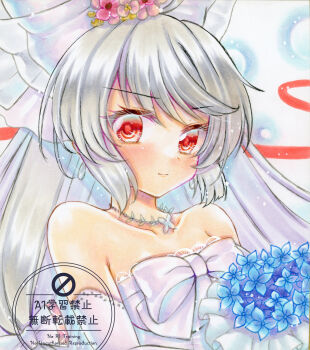 1girl alternate_costume bare_shoulders blue_flower blush bouquet bow closed_mouth collarbone commentary dress elbow_gloves flower fujiwara_no_mokou fujiwara_no_mokou_(burning_white_phoenix) gloves grey_hair hair_bow hashtag-only_commentary highres holding holding_flower jewelry long_hair looking_at_viewer marker_(medium) necklace nekofish666 red_eyes smile solo touhou touhou_lostword traditional_media twitter_username upper_body watermark wedding_dress white_bow white_dress white_gloves