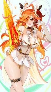 1girl a_thousand_blazing_suns_(genshin_impact) absurdres ahoge alternate_costume animal_ears bare_shoulders blonde_hair bow bowtie breasts cleavage commentary dated_commentary elbow_gloves fake_animal_ears genshin_impact gloves hair_over_one_eye hand_up highres holding holding_weapon large_breasts leotard long_hair looking_at_viewer mavuika_(genshin_impact) open_mouth rabbit_ears red_eyes red_hair sevenninet47503 small_sweatdrop solo strapless strapless_leotard symbol_in_eye very_long_hair w weapon white_bow white_bowtie white_gloves white_leotard