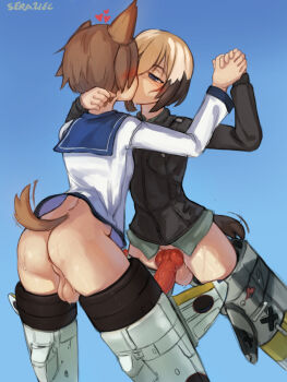 2futa animal_ears animal_penis artist_name ass black_hair black_shirt blue_background blue_eyes blush breasts brown_hair commentary cowboy_shot dog_ears dog_girl dog_penis dog_tail english_commentary erection erica_hartmann futa_with_futa futanari half-closed_eyes heart highres holding_hands kiss knotted_penis long_sleeves miyafuji_yoshika multicolored_hair multiple_futa no_pants penis seraziel shirt short_hair simple_background small_breasts streaked_hair strike_witches striker_unit sweat tail testicles uncensored veins veiny_penis white_shirt world_witches_series