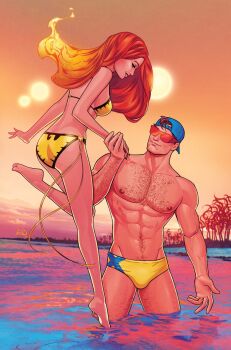 Rule 34 | 1boy, 1girl, abs, arm hair, backwards hat, barefoot, bikini, black trim, blue hat, brown hair, character logo, chest hair, comic cover, commentary, couple, cyclops (x-men), english commentary, fiery hair, floating, floating hair, gradient hair, hat, hetero, highres, holding hands, husband and wife, jean grey, jewelry, leg hair, long hair, looking at another, male swimwear, marvel, medium hair, multicolored hair, muscular, muscular male, navel, navel hair, nipples, official alternate costume, official art, opaque sunglasses, orange hair, orange sky, phoenix (x-men), profile, red-tinted eyewear, ring, russell dauterman, scott summers, short hair, sky, sun, swimsuit, tinted eyewear, wading, water, wedding ring, x-men, yellow bikini, yellow male swimwear