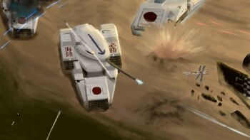 a_small_c4 bad_id bad_pixiv_id battle burst_drone caterpillar_tracks command_&amp;_conquer command_&amp;_conquer:_red_alert command_&amp;_conquer:_red_alert_3 command_and_conquer_red_alert_3 highres military military_vehicle motor_vehicle no_humans non-humanoid_robot red_alert_3 rising_sun_flag robot smoke sudden_transport sunburst tank translation_request tsunami_tank vehicle_focus