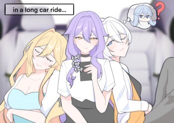 3girls ? bella_(honkai_impact) benares_(honkai_impact) black_choker black_skirt blonde_hair blue_shirt blush breasts car_interior car_seat choker cleavage dress durandal_(honkai_impact) english_text grey_pants hashtag-only_commentary holding holding_phone honkai_(series) honkai_impact_3rd jacket khuffi kiana_kaslana large_breasts long_hair multiple_girls one_eye_closed pants phone purple_hair shirt siblings sirin sisters skirt sleeping small_breasts very_long_hair white_dress white_hair white_jacket yellow_eyes