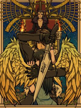 Rule 34 | 1boy, 2girls, absurdres, aechin0130, angel wings, arm around back, black dress, black gloves, black hair, black pants, blue cardigan, blue eyes, breasts, brown hair, cardigan, cleavage, closed mouth, commentary request, cow, dress, edea kramer, facial mark, falling petals, feathered wings, final fantasy, final fantasy viii, flower, furrowed brow, gloves, gunblade, hair between eyes, hand in another's hair, highres, holding, holding weapon, long hair, medium breasts, multiple girls, pants, petals, plunging neckline, purple flower, ribbed cardigan, rinoa heartilly, scar, scar on face, scar on forehead, short hair, squall leonhart, throne, twitter username, weapon, wings, yellow flower