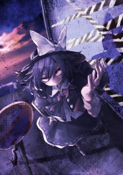 1girl absurdres black_boots black_capelet black_hair black_hat boots bow bowtie buttons capelet closed_mouth cloud collar concrete debris from_above hair_between_eyes hat hat_bow highres long_sleeves muraryo night night_sky red_bow red_bowtie red_eyes road_sign shadow shirt sign sky sleeve_cuffs solo standing star_(sky) sunset touhou usami_renko white_bow white_collar white_shirt