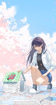 Rule 34 | 1girl, absurdres, animalization, artist request, bang dream!, bang dream! it's mygo!!!!!, belt, black belt, black hair, black shirt, black shoes, blue skirt, cat, cat house, cherry blossoms, chinese commentary, closed mouth, commentary request, commission, earrings, highres, jacket, jewelry, kaname raana, kneeling, long hair, mole, mole under eye, notebook, purple eyes, raana the cat, second-party source, sheet music, shiina taki, shirt, shoes, single earring, skirt, white jacket