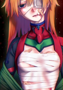 1girl bandaged_chest bandaid bandaid_on_cheek bandaid_on_face blood breasts closed_mouth commentary_request eyepatch facing_viewer highres hogerarara long_hair mecha_pilot_suit medical_eyepatch neon_genesis_evangelion orange_hair plugsuit_(evangelion) red_background small_breasts solo souryuu_asuka_langley upper_body