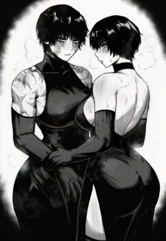 2girls bare_shoulders blush breasts commentary elbow_gloves gloves greyscale hashtag-only_commentary highres holding_hands jujutsu_kaisen large_breasts looking_at_viewer monochrome multiple_girls multiple_scars rethoven scar short_hair siblings sisters sweat twins zen'in_mai zen'in_maki zen'in_maki_(post_shibuya)