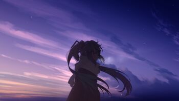 1girl arm_at_side breath closed_mouth cloud coat cold commentary dusk english_commentary expressionless floating_hair from_side gradient_sky hatsune_miku highres long_hair long_sleeves looking_ahead miku_day nengoro outdoors scarf scenery sky sky_focus solo standing star_(sky) starry_sky twintails upper_body very_long_hair vocaloid white_scarf wide_shot winter_clothes winter_coat