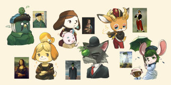 Rule 34 | ..., 4boys, 4girls, absurdres, animal crossing, apple, beau (animal crossing), bird boy, black eyes, black hat, black jacket, blue eyes, bree (animal crossing), brewster (animal crossing), bright pupils, carmen (animal crossing), circlet, closed mouth, commentary request, deer boy, dobie (animal crossing), dog girl, dress, fine art parody, flurry (animal crossing), flute, food, fruit, furry, furry female, furry male, green apple, green umbrella, grey hair, hamster girl, hat, highres, hoishere7, holding, holding instrument, instrument, isabelle (animal crossing), jacket, korean commentary, lady with an ermine, mona lisa, mouse girl, multiple boys, multiple girls, music, musical note, necktie, nintendo, open mouth, pants, parody, playing instrument, red necktie, red pants, self-portrait with bandaged ear, shirt, speech bubble, spoken ellipsis, the fifer, the son of man (magritte), timmy (animal crossing), umbrella, white dress, white pupils, white shirt, wolf boy, woman with a parasol