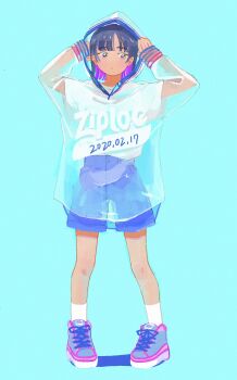 1girl 2020 absurdres blue_background blue_shorts dated full_body highres hood original raincoat see-through_clothes shirt shoes shorts socks solo watamoke white_shirt white_socks