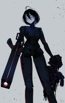 1girl 1other arm_cannon ashes black_hair blame! blue_eyes broken cable closed_mouth darkpulsegg energy_cannon expressionless floating_hair from_below highres holding humanoid_robot joints looking_at_viewer mechanical_arms mechanical_legs narrow_waist robot robot_girl robot_joints safeguard_(blame!) sanakan science_fiction short_hair silicon_creature_(blame!) simple_background standing weapon