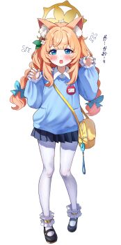 Rule 34 | 1girl, absurdres, aged down, alternate costume, animal ear fluff, animal ears, black shoes, black skirt, blue archive, blue eyes, bow, cat ears, cat girl, commentary, flying sweatdrops, full body, hair bow, halo, highres, kindergarten uniform, long hair, long sleeves, looking at viewer, low twintails, mari (blue archive), open mouth, orange hair, pantyhose, sak (lemondisk), shoes, simple background, skirt, standing, symbol-only commentary, teeth, twintails, upper teeth only, white background, white pantyhose, yellow bag