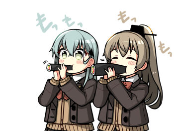 2girls aqua_hair blazer brown_cardigan brown_hair brown_jacket cardigan commentary_request eating ehoumaki food green_eyes jacket kantai_collection kumano_(kancolle) kumano_kai_ni_(kancolle) long_hair makizushi multiple_girls ponytail simple_background sushi suzuya_(kancolle) suzuya_kai_ni_(kancolle) teramoto_kaoru upper_body white_background