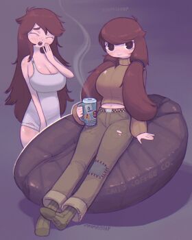 1girl belt body_freckles breasts brown_eyes brown_hair cleavage coffee coffee_beans coffee_mug cup denim fluffy_hair freckles highres jeans large_breasts low_twintails mug no_bra no_pants original pants patchwork_clothes ribbed_sweater self-upload sleepy smile soaphisoap socks stained_clothes sticker sweater tank_top thick_thighs thighs torn_clothes torn_jeans torn_pants turtleneck turtleneck_sweater twintails yawning