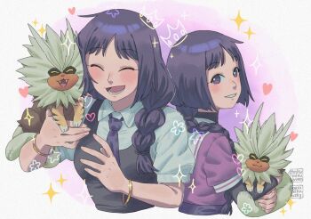 2girls animal ariamikukanzaki boruto:_naruto_next_generations boruto:_two_blue_vortex bracelet braid breasts commentary dress dual_persona english_commentary holding holding_animal jewelry kakei_sumire layered_sleeves long_sleeves low_twin_braids medium_breasts multiple_girls naruto_(series) necktie nue_(boruto) open_mouth purple_necktie sailor_collar sailor_dress short_over_long_sleeves short_sleeves signature smile sparkle twin_braids white_sailor_collar