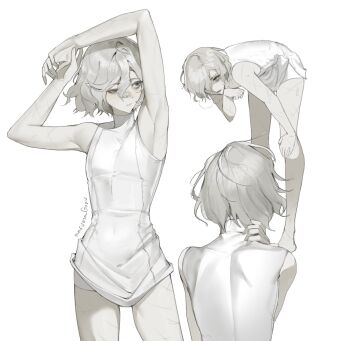 Rule 34 | 1boy, armpits, arms up, commentary, cowboy shot, dungeon meshi, facing away, grey eyes, grey hair, hair between eyes, hand on own neck, highres, looking to the side, male focus, maruma gozu, mithrun, multiple views, open mouth, parted lips, pointy ears, scar, scar on face, scar on leg, shirt, short hair, shorts, simple background, sleeveless, sleeveless shirt, standing, stretching, sweat, symbol-only commentary, white background, white shirt, white shorts, wiping sweat