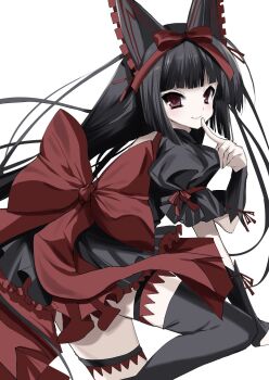1girl back_bow black_dress black_thighhighs blunt_bangs blunt_ends bow closed_mouth cowboy_shot dress finger_to_mouth floating_hair frilled_dress frilled_sleeves frills from_side gate_-_jieitai_ka_no_chi_nite_kaku_tatakaeri gothic_lolita hair_bow hand_up highres hime_cut huge_bow index_finger_raised kasukasugom1 knee_up lolita_fashion long_hair looking_at_viewer puffy_short_sleeves puffy_sleeves red_bow red_eyes rory_mercury short_dress short_sleeves sidelocks simple_background sleeve_bow smile smug solo thigh_strap thighhighs thighs very_long_hair white_background