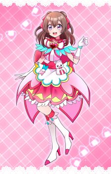 Rule 34 | 1girl, absurdres, apron, artist name, back bow, boots, bow, brooch, brown hair, commentary, cosplay, cure precious, cure precious (cosplay), delicious party precure, doily, dress, food, frilled dress, frills, full body, gloves, hair ribbon, heart, heart brooch, high heel boots, high heels, highres, huge bow, jewelry, kome-kome, looking at viewer, medium dress, medium hair, mitsuki tayura, multicolored dress, nagomi yui, onigiri, open mouth, pink background, pink dress, precure, purple eyes, red bow, red dress, red ribbon, ribbon, short hair, signature, smile, solo, standing, standing on one leg, two side up, waist apron, white apron, white boots, white gloves