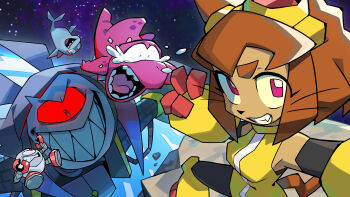 1girl 4boys absurdres animal_ears brown_hair cat_ears cat_girl cat_tail colored_sclera crying crying_with_eyes_open dinosaur dinosaur_tail dress flappers_(gameoverse) gameoverse gauntlets glitch_prod gobbles_(gameoverse) goggles goggles_on_head grin highres kaboodle_(gameoverse) kit_bodega looking_at_viewer malice_(gameoverse) medium_hair multiple_boys official_art one-eyed planet purple_eyes purple_scales red_eyes red_sclera shark_boy sharp_teeth ship smile tail tears teeth thick_eyebrows tongue upper_teeth_only v watercraft whiskers yellow_dress yellow_gauntlets