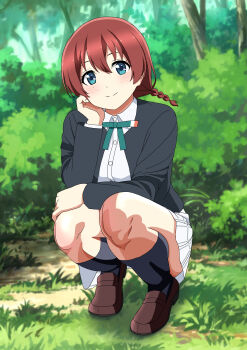 1girl absurdres aqua_eyes black_jacket black_socks blazer blush braid brown_hair closed_mouth collared_shirt day emma_verde freckles grass hair_between_eyes highres jacket loafers long_sleeves looking_at_viewer love_live! love_live!_nijigasaki_high_school_idol_club low_twin_braids medium_hair outdoors pleated_skirt rainen_no_natsu_mo school_uniform shirt shoes sidelocks skirt smile socks solo squatting tree twin_braids white_shirt white_skirt
