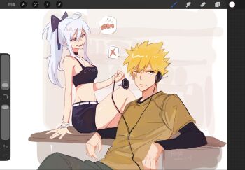 1boy 1girl arm_rest black_ribbon black_shirt black_skirt black_tank_top blonde_hair bow brown_shirt commentary crossed_legs earphones fairy_tail hair_bow headphones highres laxus_dreyar long_sleeves midriff mirajane_strauss one_eye_closed ponytail ribbon scar scar_on_face shirt simple_background sitting skirt spiked_hair table tank_top white_hair youjun_zzz