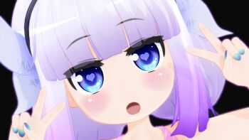 1girl 3d :o black_background blue_eyes blunt_bangs blush double_v dragon_girl dragon_horns dutch_angle eyes_visible_through_hair female_focus gradient_hair gs-mantis hairband highres horns kanna_kamui kobayashi-san_chi_no_maidragon long_hair looking_at_viewer multicolored_hair nail_polish open_mouth purple_hair simple_background solo symbol-shaped_pupils v