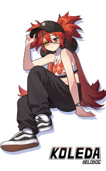 1girl absurdres ahoge bare_shoulders crop_top eyepatch hair_between_eyes hair_ornament hellk111 highres koleda_belobog loli long_hair looking_at_viewer navel pants red_eyes red_hair simple_background solo sphere_hair_ornament twintails white_background zenless_zone_zero