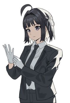 Rule 34 | 1girl, absurdres, ahoge, alternate costume, alternate hair length, alternate hairstyle, awa subaru, black jacket, black suit, closed mouth, commentary request, eyelashes, formal clothes, girls band cry, gloves, hair intakes, hair ribbon, highres, jacket, korean commentary, long sleeves, open clothes, open jacket, purple eyes, ribbon, rightjin57, short hair, simple background, solo, suit, suit jacket, white background, white gloves, white ribbon
