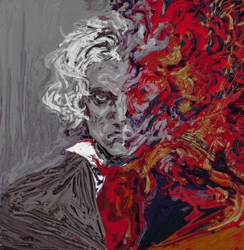 1boy black_jacket burning collared_shirt commentary english_commentary facing_viewer fire furrowed_brow highres jacket looking_at_viewer ludwig_van_beethoven male_focus painterly portrait real_life revol4357 serious shirt short_hair solo white_hair white_shirt