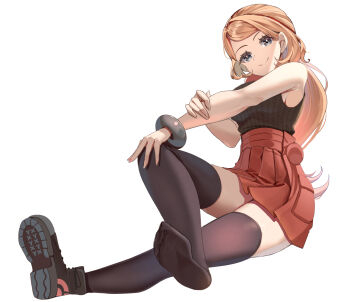 1girl black_thighhighs blonde_hair closed_mouth full_body grey_eyes hand_on_own_knee highres long_hair mega_ring miniskirt momdy_(talesshinja) nintendo no_headwear pokemon pokemon_xy red_skirt serena_(pokemon) shoes simple_background single_shoe sitting skirt sleeveless sleeveless_sweater smile soles solo sweater sweater_tucked_in thighhighs thighs very_long_hair white_background zettai_ryouiki