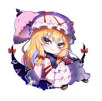 1girl black_shoes blonde_hair bow brown_eyes full_body hair_bow hat holding holding_umbrella long_hair long_sleeves looking_at_viewer mob_cap parasol red_bow shoes sia_6767 simple_background solo touhou umbrella white_background yakumo_yukari