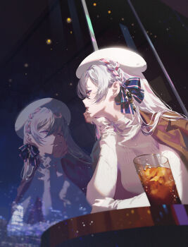 Rule 34 | 1girl, beret, blue ribbon, brown jacket, commentary, cup, drink, drinking glass, english commentary, fajyobore, hair between eyes, hair ornament, hair ribbon, hand on own chin, hat, head rest, highres, indoors, jacket, jewelry, long hair, looking to the side, night, open clothes, open jacket, original, parted lips, pink ribbon, red eyes, reflection, ribbon, sitting, solo, sweater, table, two-tone ribbon, white hair, white hat, white sweater, window