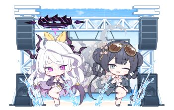 2girls absurdres artist_request black_hair black_halo blue_archive blush breasts chibi demon_girl demon_horns demon_wings double_bun eyewear_on_head full_body grey_halo hair_bun halo heart heart_hands highres hina_(blue_archive) horns kisaki_(blue_archive) long_hair looking_at_viewer multiple_girls outdoors purple_eyes small_breasts stage standing twintails very_long_hair water white_hair wings