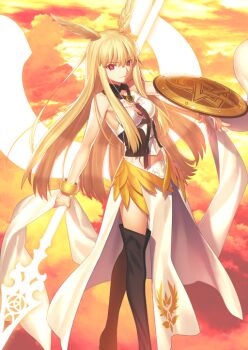 1girl armored_leotard bangle bare_shoulders black_boots black_choker black_corset blonde_hair boots bracelet breasts bright_pupils choker closed_mouth clothing_cutout cloud cloudy_sky corset cutout_below_navel fate/grand_order fate_(series) glowing glowing_weapon glowing_wings hair_between_eyes hair_wings hand_up holding holding_polearm holding_shield holding_weapon jewelry leotard long_hair long_sidelocks looking_at_viewer medium_breasts official_art orange_background orange_sky pelvic_curtain polearm red_eyes shield sidelocks sky smile solo spear strapless strapless_leotard takeuchi_takashi thigh_boots third-party_source thrud_(fate) valkyrie_(fate) variant_set very_long_hair weapon white_leotard white_pupils wings