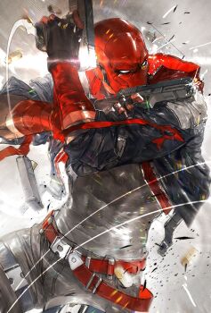 bat_signal batman_(series) batman_symbol belt black_bodysuit black_gloves bodysuit brown_jacket dc_comics gloves grey_bodysuit guoba7777 highres jacket jason_todd male_focus mask multicolored_bodysuit muscular muscular_male pants red_hood_(dc) red_hood_and_the_outlaws red_mask superhero_costume taut_bodysuit two-tone_bodysuit utility_belt