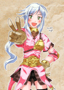 Rule 34 | 1girl, alternate color, archer (ragnarok online), black shorts, black thighhighs, blush, brown background, brown gloves, commentary request, cowboy shot, gloves, green eyes, grey hair, long hair, looking at viewer, muneate, open mouth, pink shirt, ragnarok online, saaki (sa-ki), shirt, short sleeves, shorts, smile, solo, thighhighs, v